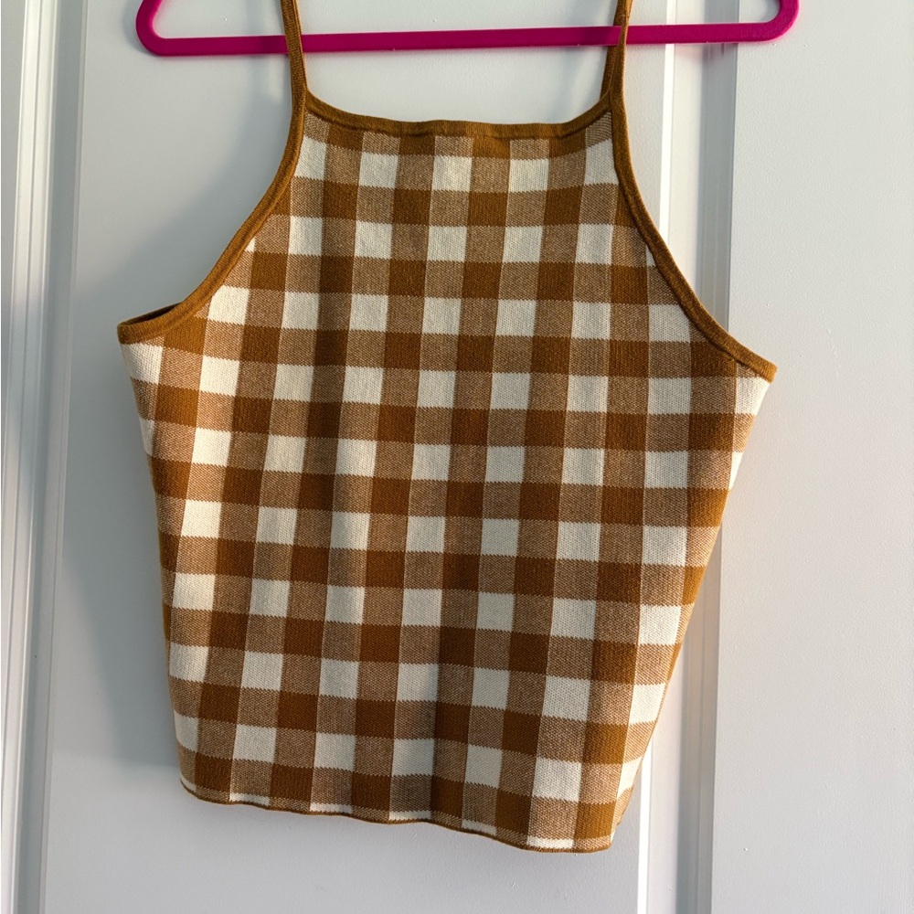 Madewell Camel and White Gingham Knit Cami